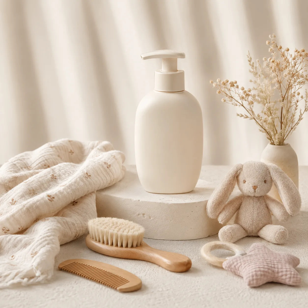 Mise en scène de soins bébé avec lotion douce, brosse, peigne, lange et doudou