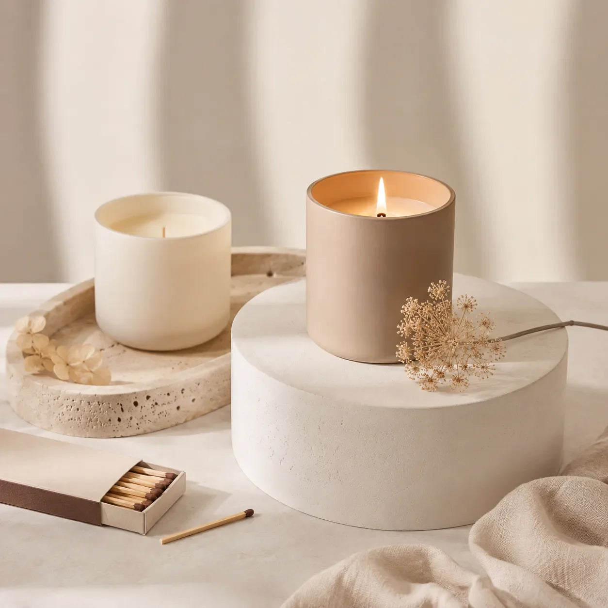 Mise en scène de bougies parfumées avec flamme, allumettes, fleurs séchées et ambiance bien-être