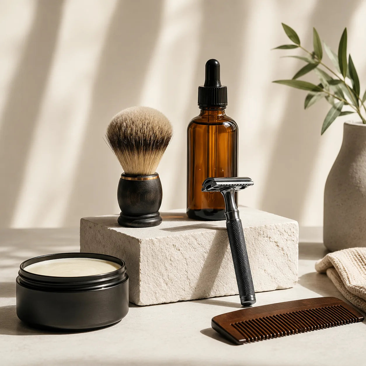 Mise en scène de soins homme avec rasoir, blaireau, huile, baume et peigne