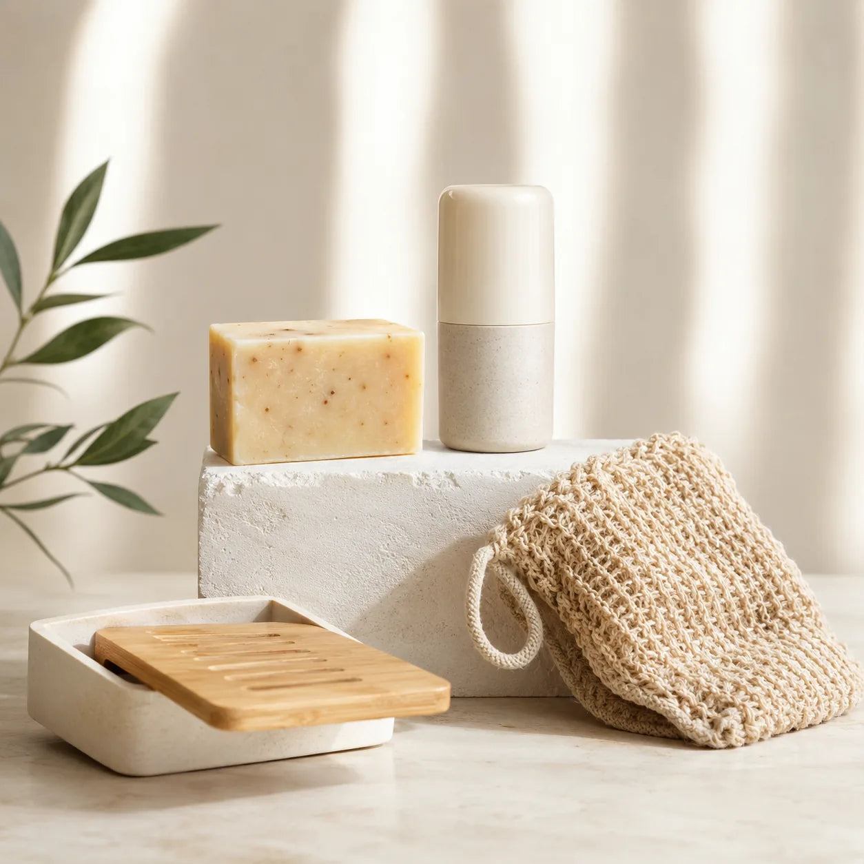 Mise en scène d’hygiène quotidienne avec savon solide, déodorant, porte-savon et filet à savon