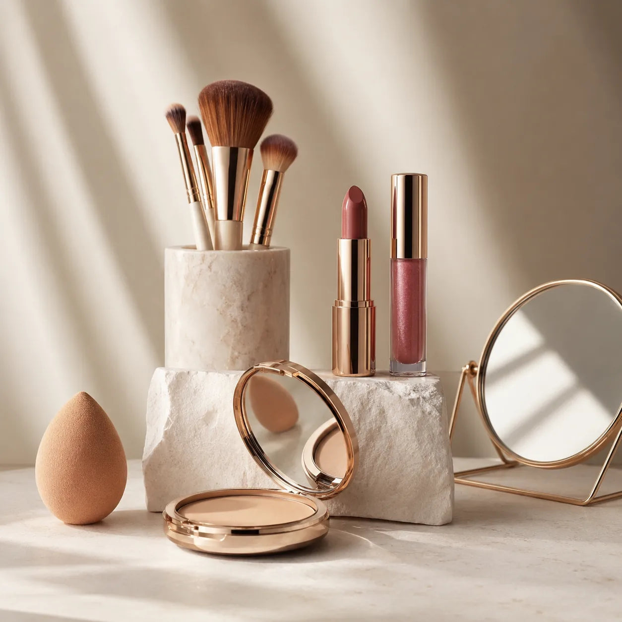 Mise en scène maquillage avec pinceaux, rouge à lèvres, gloss, poudre compacte, miroir et éponge