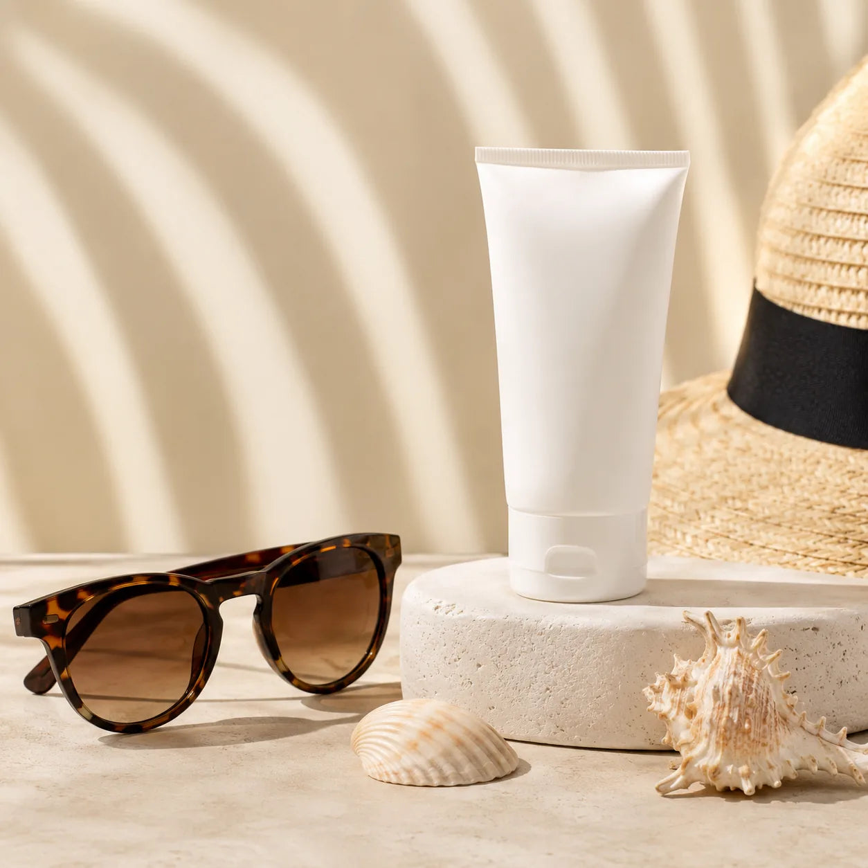 Mise en scène solaire avec crème solaire, lunettes de soleil, coquillages et chapeau d’été