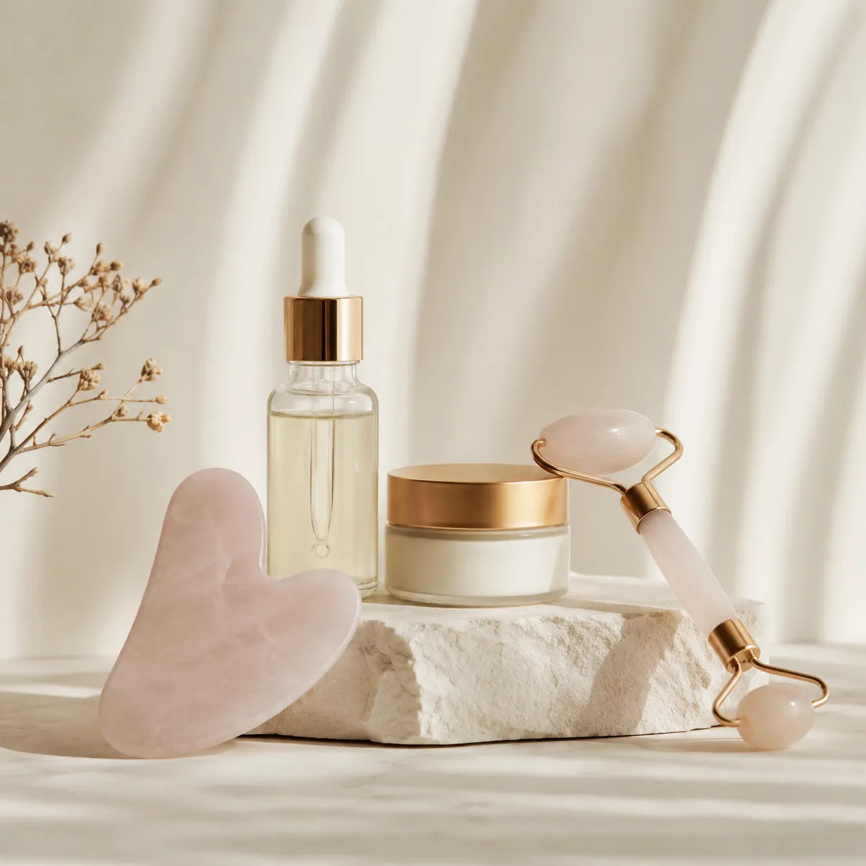 Mise en scène de soins visage avec sérum, crème, gua sha et rouleau en quartz rose